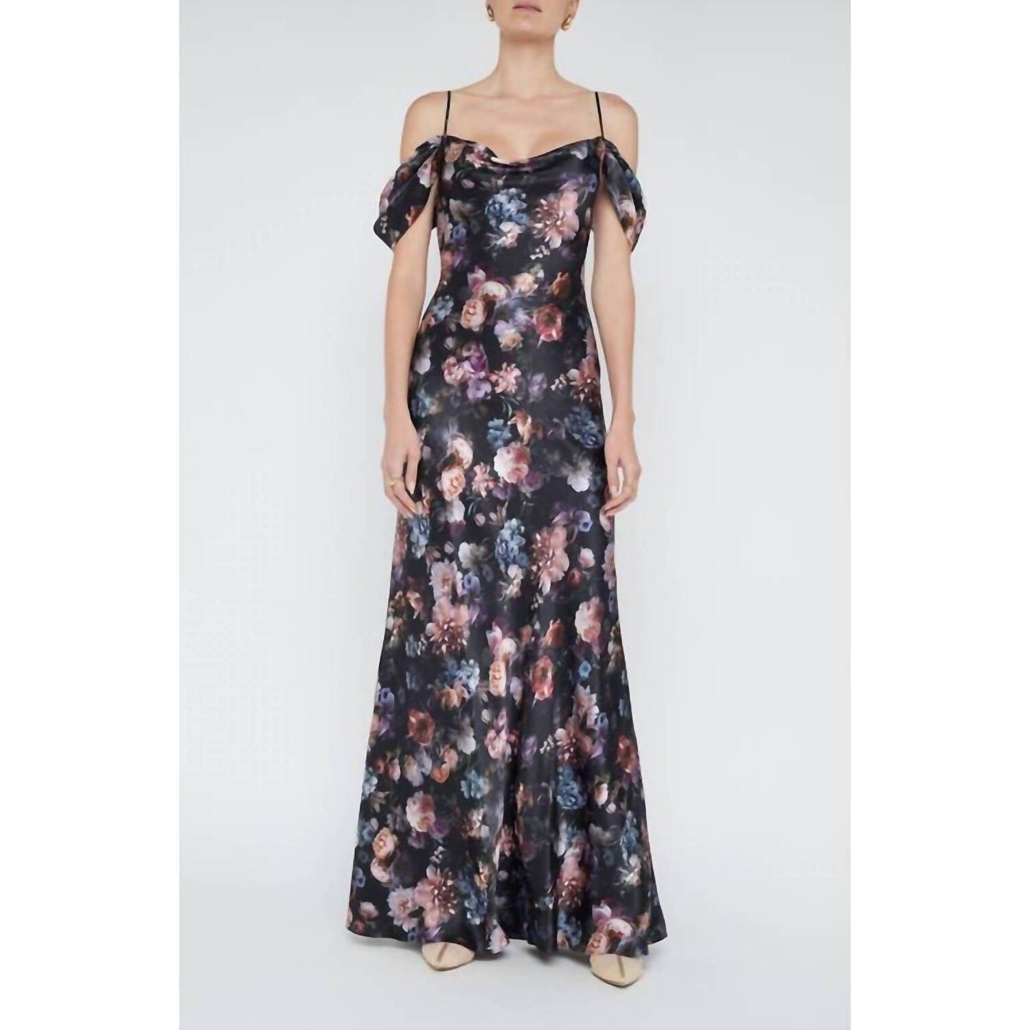 New L'agence Kenna Floral Print Cold Shoulder Silk Maxi Dress In Black Multi Vin